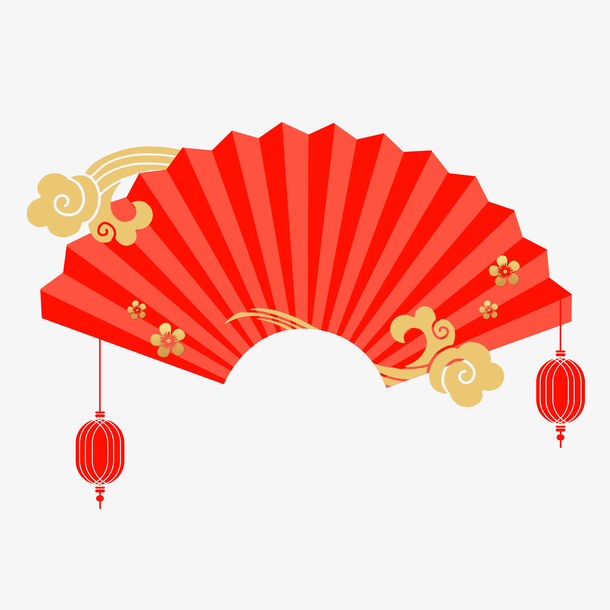 中国风折扇灯笼PNG透明图，元旦春节元宵节日素材AI设计下载