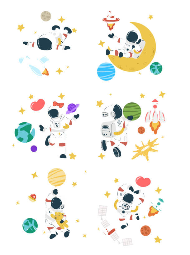 太空宇航员扁平风格PNG素材，星球火箭手绘卡通元素，高清透明PSD设计资源下载