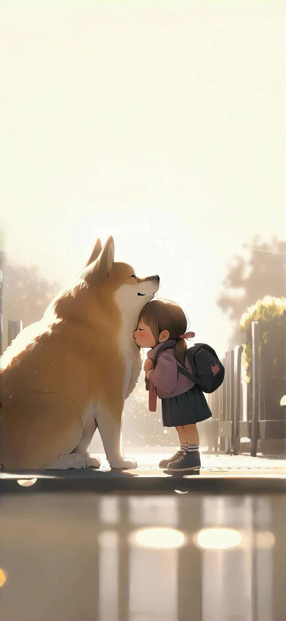 背着书包的女孩与萌趣柴犬卡通壁纸，4K超清版，免费下载！