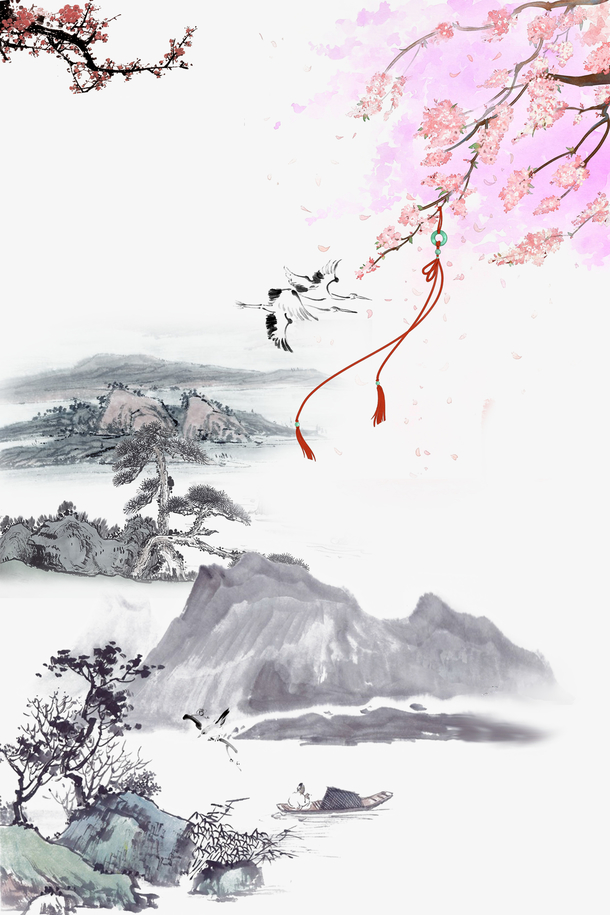 古风水墨树枝山水PNG透明图片，高清装饰元素与图案设计素材下载