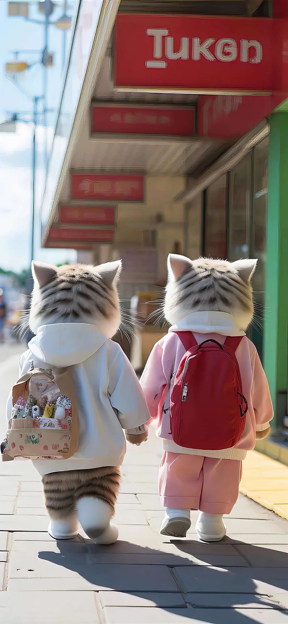 两只萌猫逛街瞬间，4K高清手机壁纸，3784x8192超高清下载