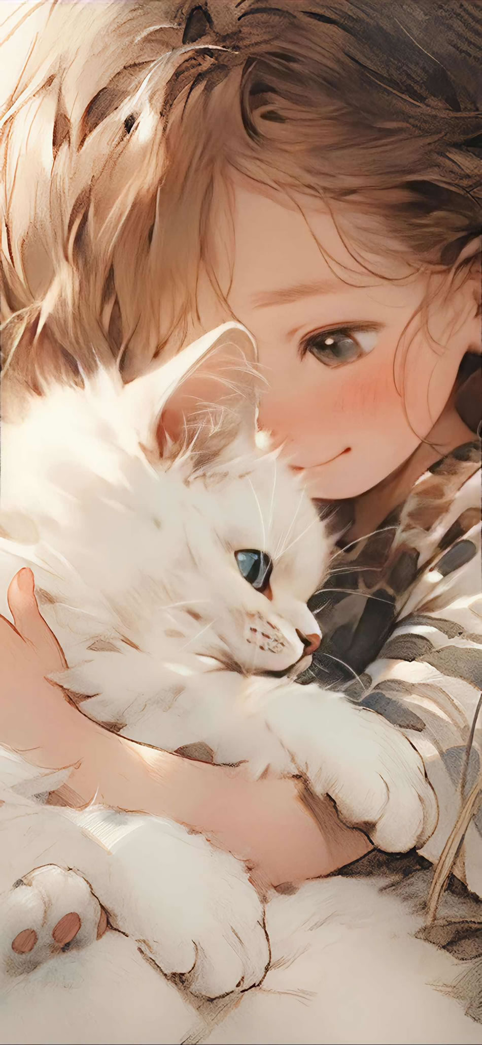 抱着猫咪的女孩，超清卡通素描4K手机壁纸，精美4320x9354分辨率，一键下载
