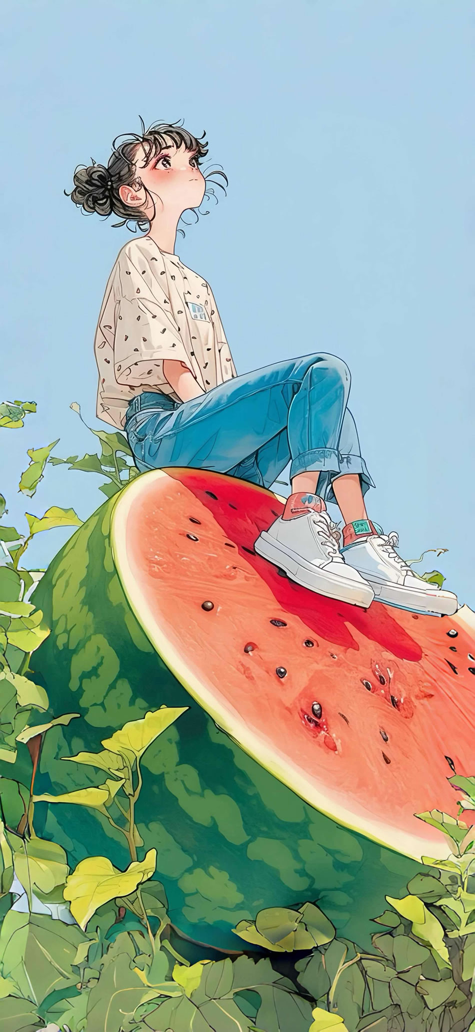 女孩骑乘西瓜，卡通风格手机壁纸，4K超清大图，3776x8192分辨率，一键下载！