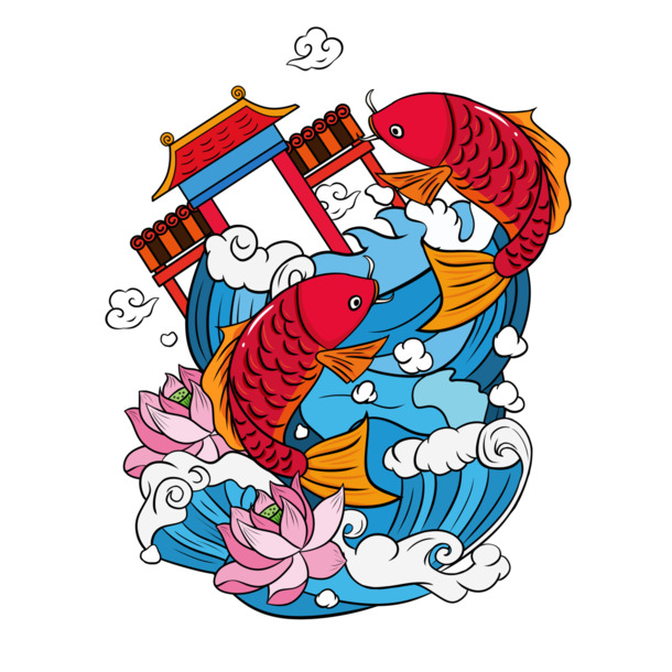 国潮鲤鱼跃龙门手绘元素，荷花海浪PNG透明图片与PSD设计素材下载