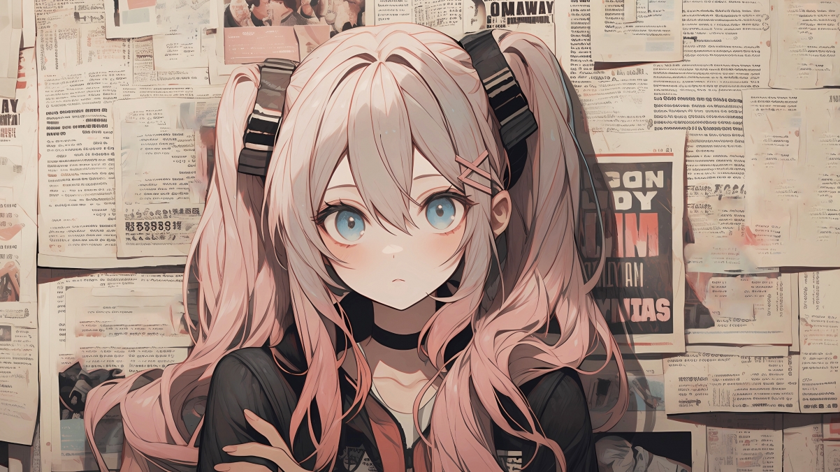 双马尾辫女孩报纸墙主题，精选4K动漫电脑壁纸，高清3840x2160分辨率，一键下载！