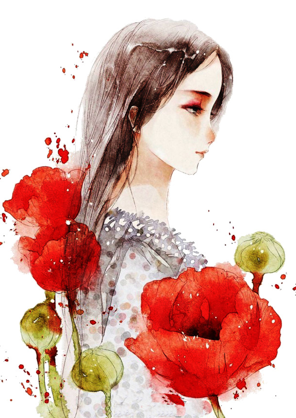水彩女人高清PNG透明图，装饰笔触PSD素材，免费下载