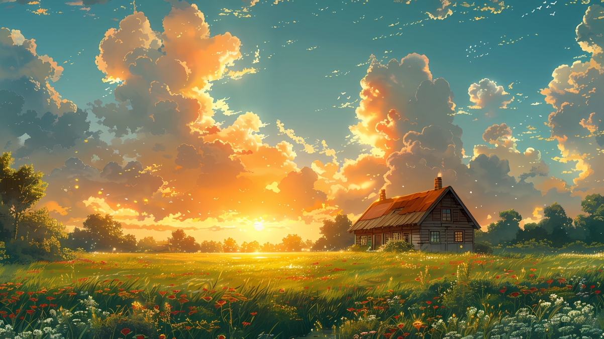 房子鲜花映天空，白云夕阳入画屏，4K高清风景壁纸3840x2160免费下载