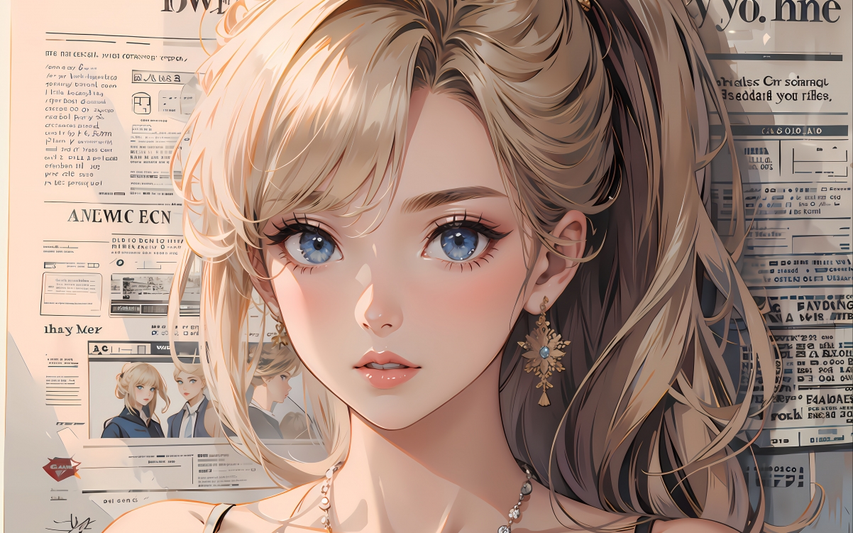 报纸墙背景金发碧眼高马尾女孩4K超清壁纸，3840x2400分辨率，动漫风格，高清下载