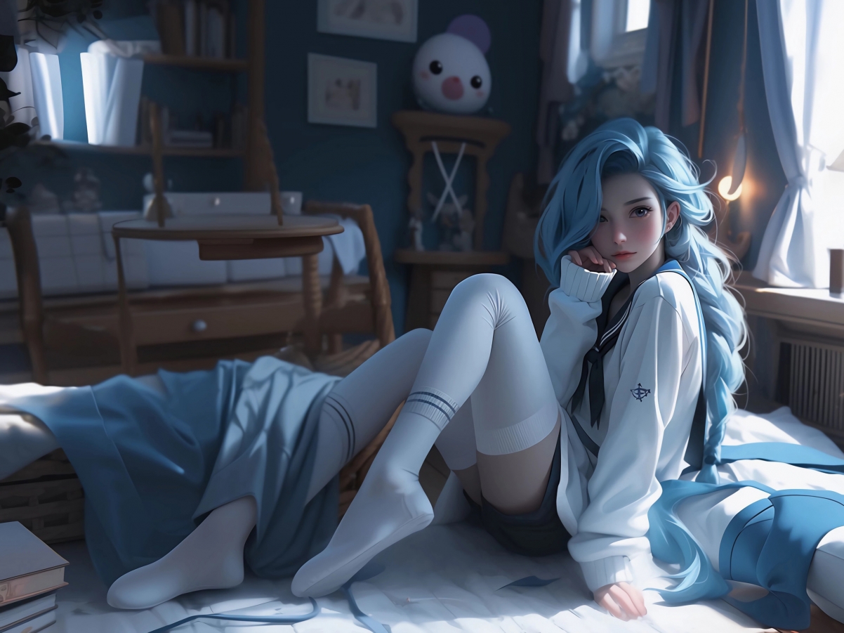 高清平板壁纸下载，金克丝动漫美女，房间背景，2732x2048分辨率