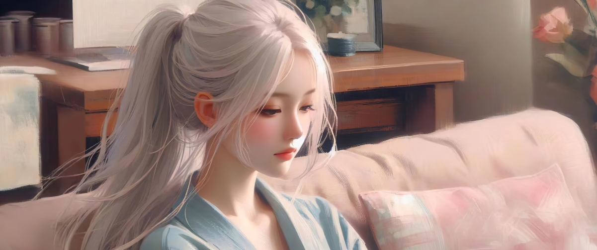 坐在沙发上的马尾辫少女，3440x1440带鱼屏动漫壁纸，高清4K下载