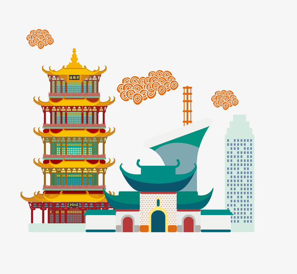 建筑景点设计元素，湖北武汉手绘卡通风格PNG透明图片素材高清下载