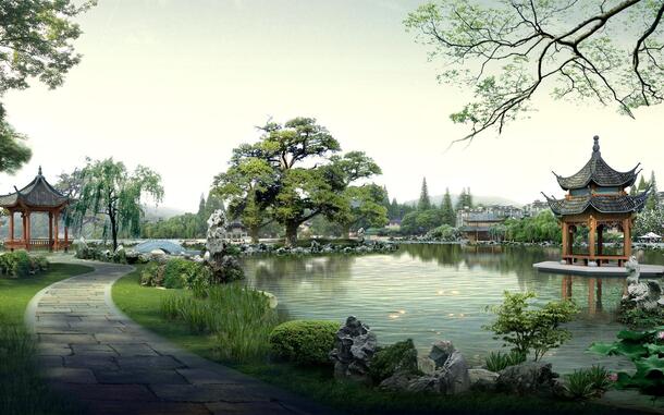 环境渲染PSD素材，小亭子湖面绿荫小径高清PNG透明背景图片下载