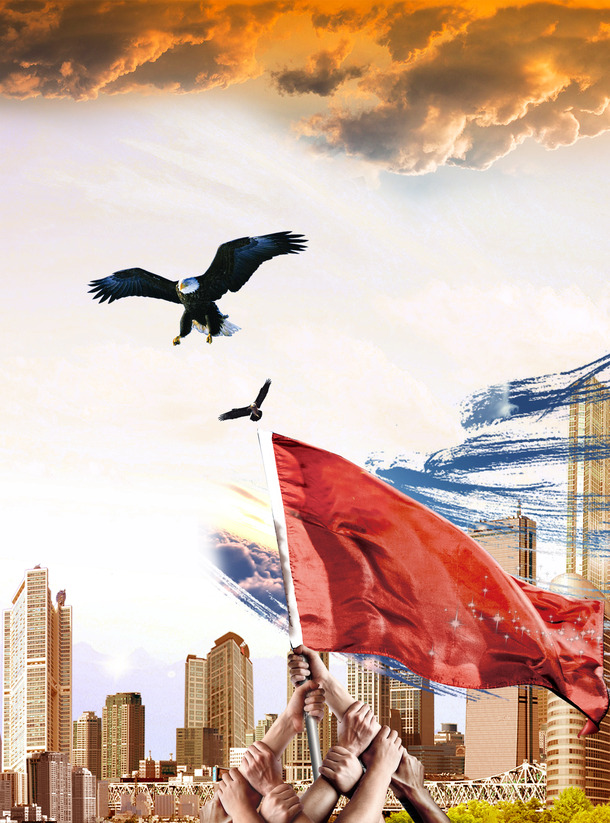 大旗老鹰PNG透明图，高清房子背景元素，免费下载banner海报设计素材
