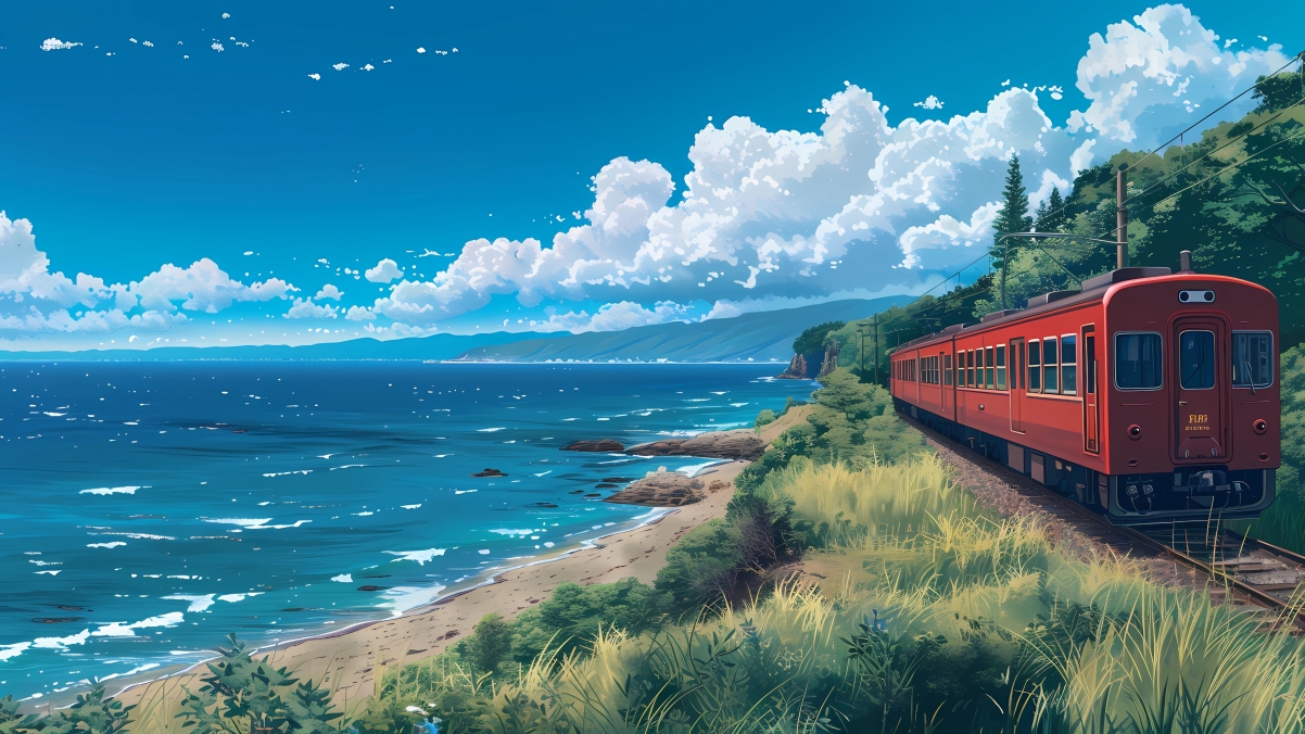 海边火车之旅，超清4K风景与动漫壁纸3840x2160下载