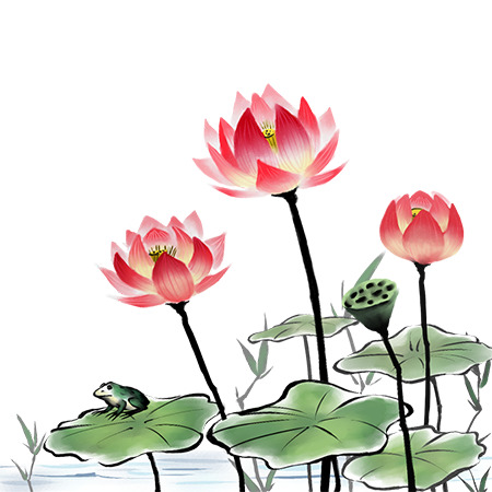 夏日荷花，唯美水墨PNG透明图片，PSD设计素材，高清下载
