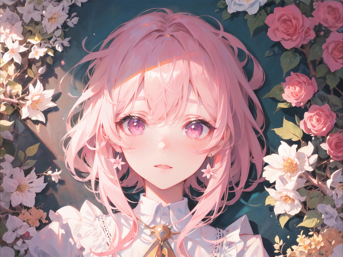女孩粉色头发鲜花耳环，4K高清动漫壁纸3840x2880下载