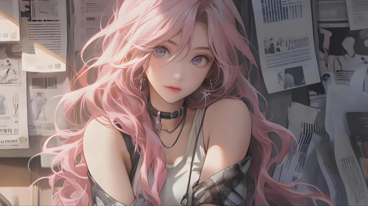 粉色大波浪女孩动漫壁纸，报纸墙风格4K高清下载（3840x2160）