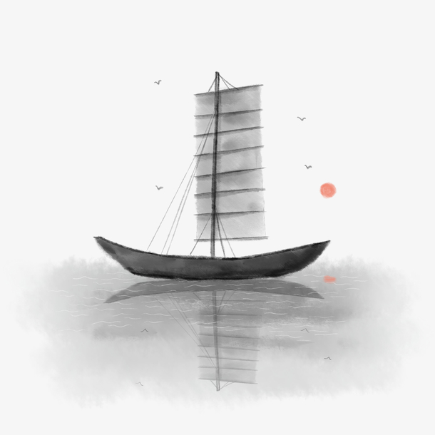 中国风手绘水墨船PNG透明图，创意装饰元素，AI设计素材下载