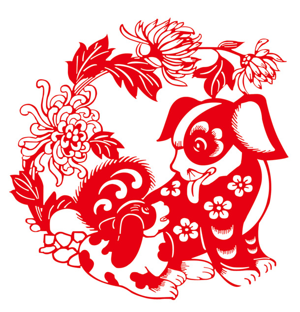 传统狗年剪纸窗花，高清PNG透明手绘卡通图案，PSD设计素材下载