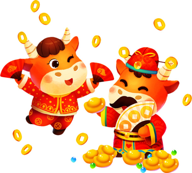 牛年卡通牛春节元素，高清PNG透明图片及PSD设计素材下载（春节/元旦/元宵适用）