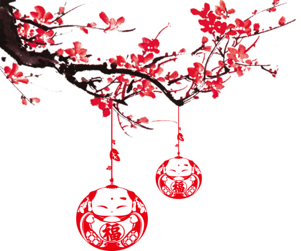 中国风梅花剪纸娃娃PNG透明图，高清装饰元素与设计素材下载