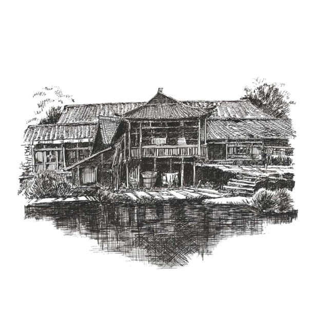 土家族住宅高清PNG透明素材，墨迹笔触装饰元素，一键下载