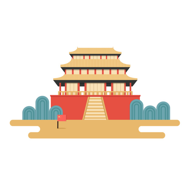 中国古建筑手绘PNG透明图，高清卡通元素，AI设计素材下载