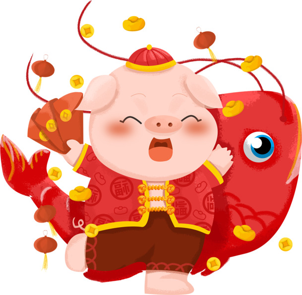 2019新年猪宝宝与鱼手绘卡通PNG素材，高清透明图片与卡通元素设计下载