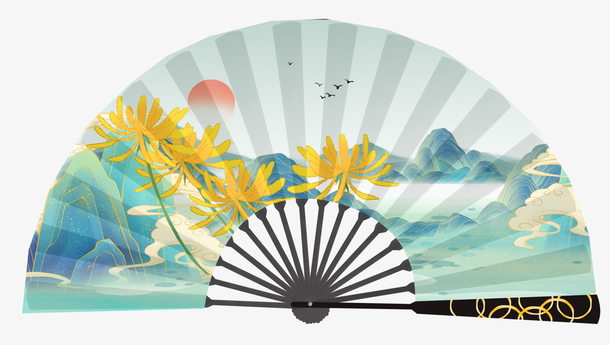 国潮风重阳节扇面PNG素材，高清透明免抠元素，一键下载设计灵感！