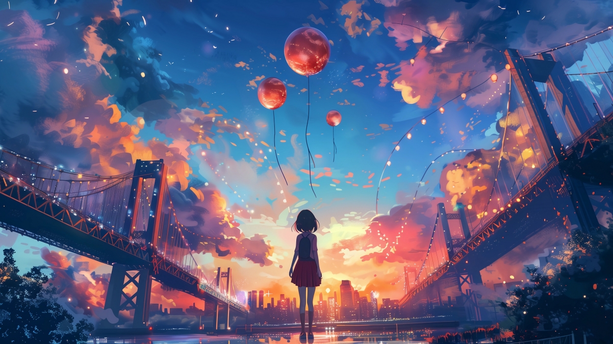 双子大桥红裙少女背影，绝美4K动漫壁纸，高清3840x2160下载