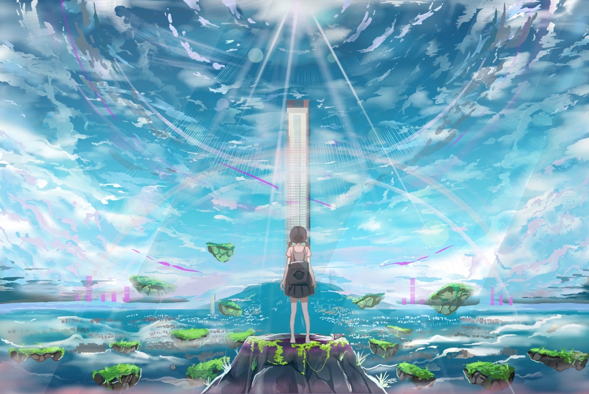 女孩岛屿建筑光影交错，绝美4K动漫壁纸，高清3840x2572，一键下载！