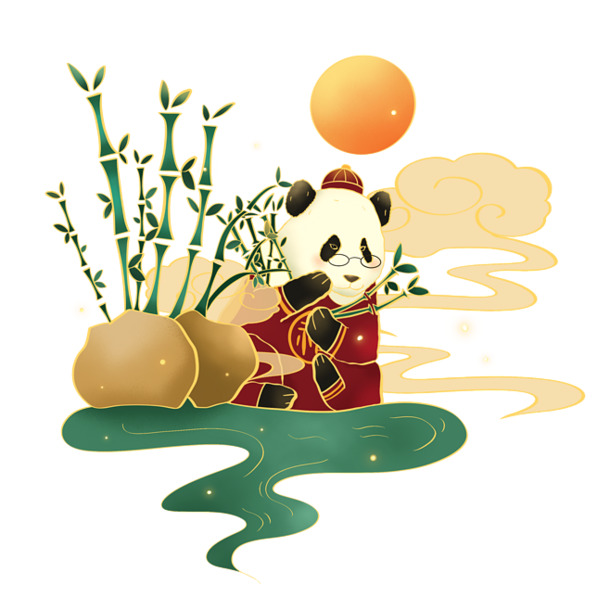夕阳西下，熊猫发呆PNG透明图，免扣元素设计素材下载