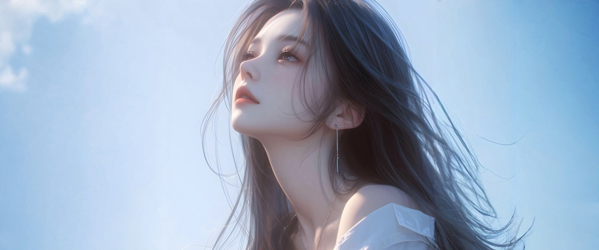 女孩仰望，绝美3440*1440动漫带鱼屏壁纸，4K高清图片下载