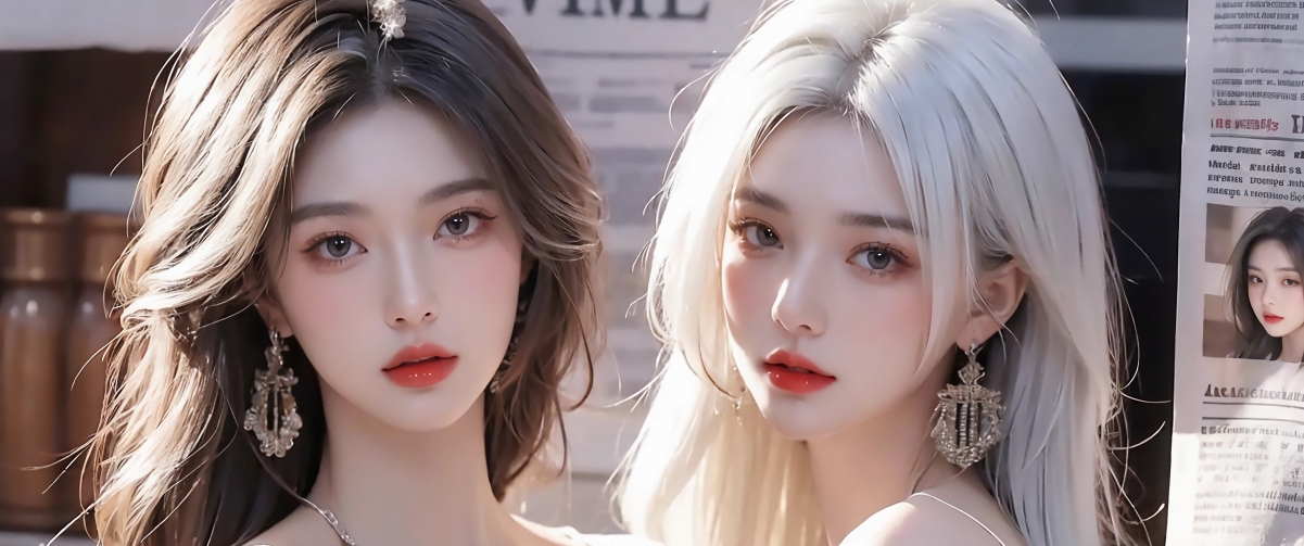 报纸墙·双姝倩影，绝美4K动漫壁纸，3440x1440带鱼屏高清下载