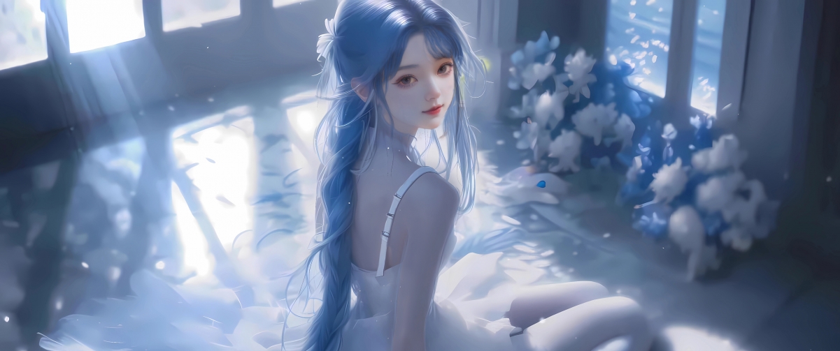 唯美蓝色婚纱女孩，高清4K动漫壁纸，带鱼屏适配，3440x1440分辨率下载