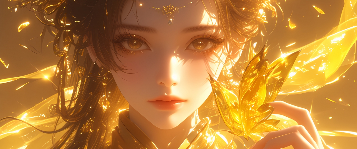 金蝴蝶动漫女孩4K带鱼屏壁纸，3440x1440高清下载