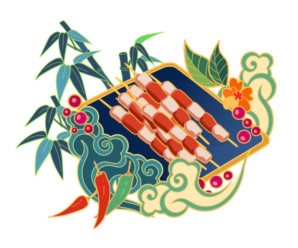 国潮风新疆羊肉串美食高清PNG透明免扣素材，PSD设计元素下载