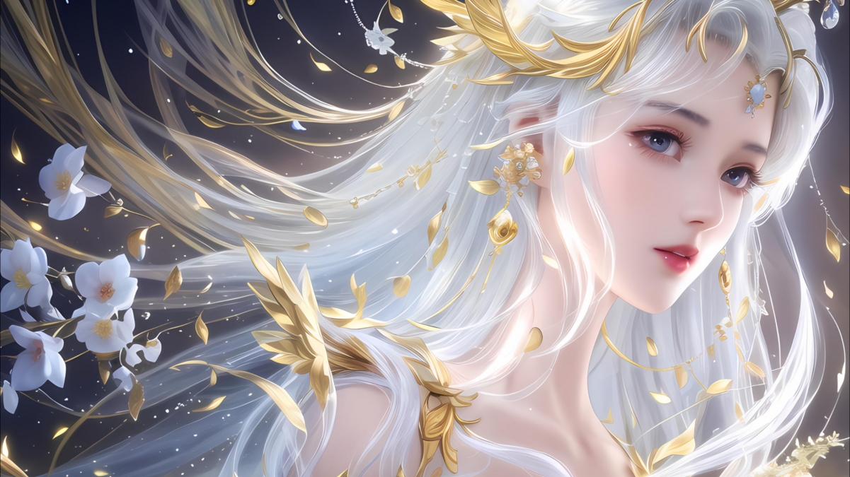 月之天使，唯美花瓣下的动漫女孩 4K超清壁纸3840x2160 下载