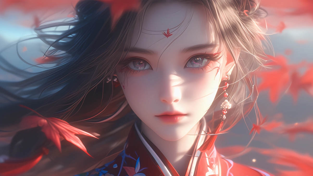 枫叶古风动漫美女，精选3840x2160超高清4K壁纸，一键下载！