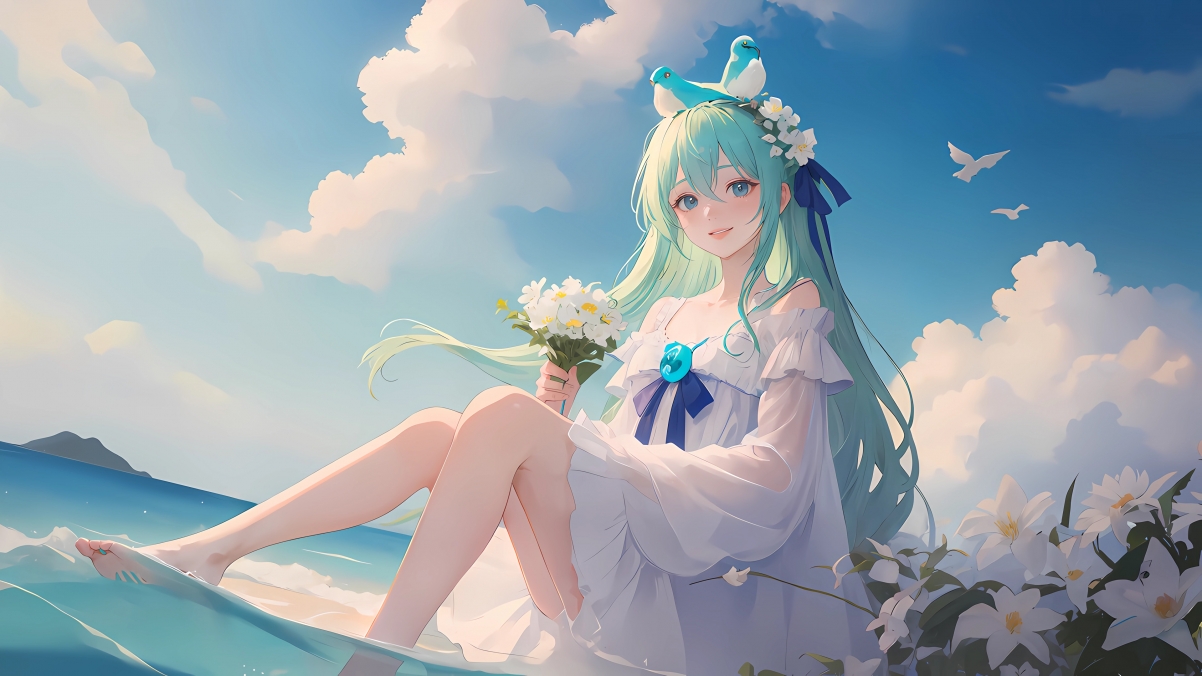 海边美景，女孩与鲜花小鸟共舞，4K超清动漫壁纸（3840x2160高清下载）