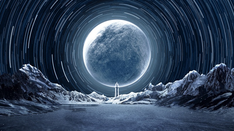 背景素材大放送，月球与灯塔交融的六星高清JPG图片，另类设计元素等你下载！