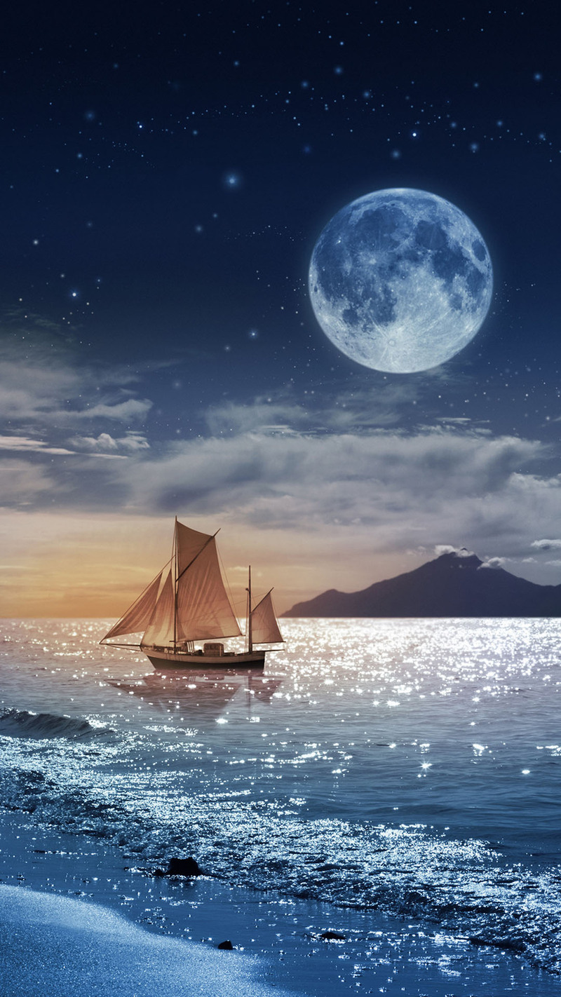 蓝天大海月夜美景，H5手机端高清背景素材，JPG格式，创意图片设计资源下载