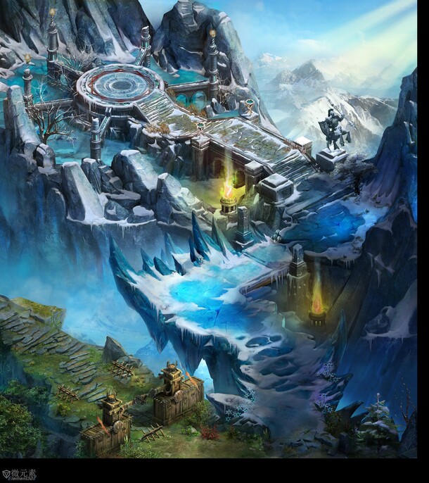 蓝色神秘山谷宫殿PNG透明背景，卡通手绘设计素材下载