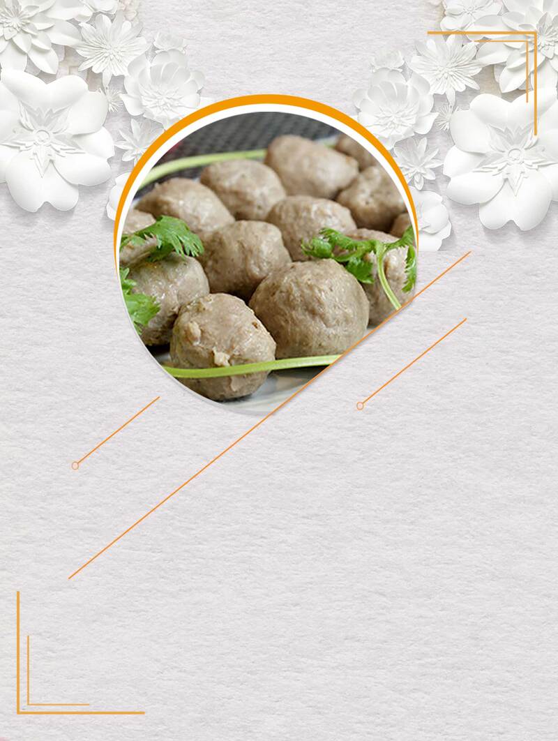 立体花朵质感潮汕牛肉丸海报背景素材，PSD/JPG高清下载