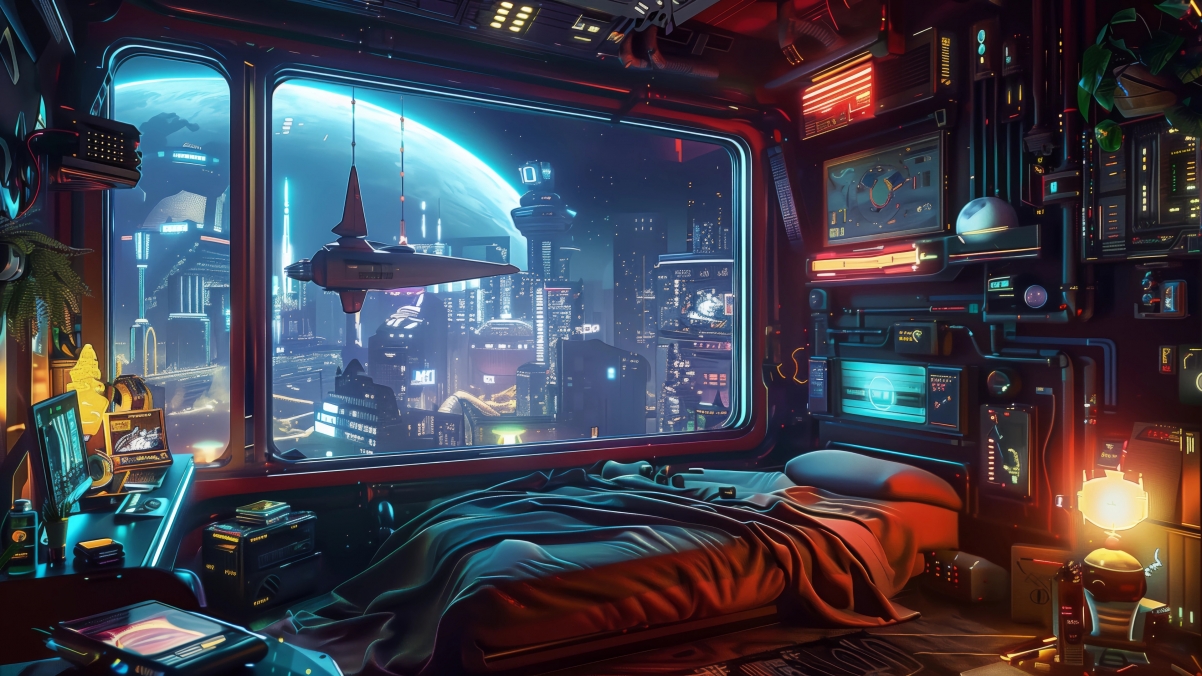 赛博朋克风格室内高清壁纸，床与窗户美景，4K超清画质，3840x2160分辨率免费下载