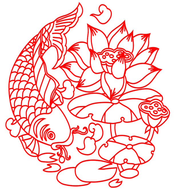 中国风装饰元素，传统手艺红荷剪纸PNG透明图，高清下载