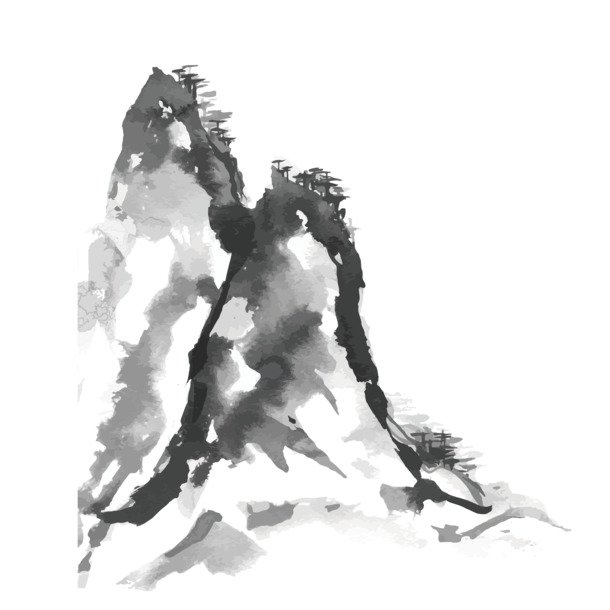 水墨山脉PNG透明图，高清墨迹笔触装饰素材，免费下载