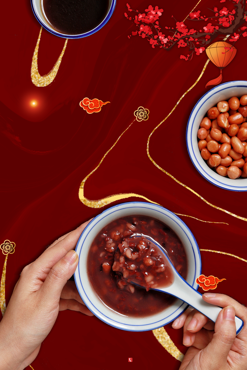 腊八节特色，腊八粥、梅花灯笼，复古中国风高清JPG图片素材下载