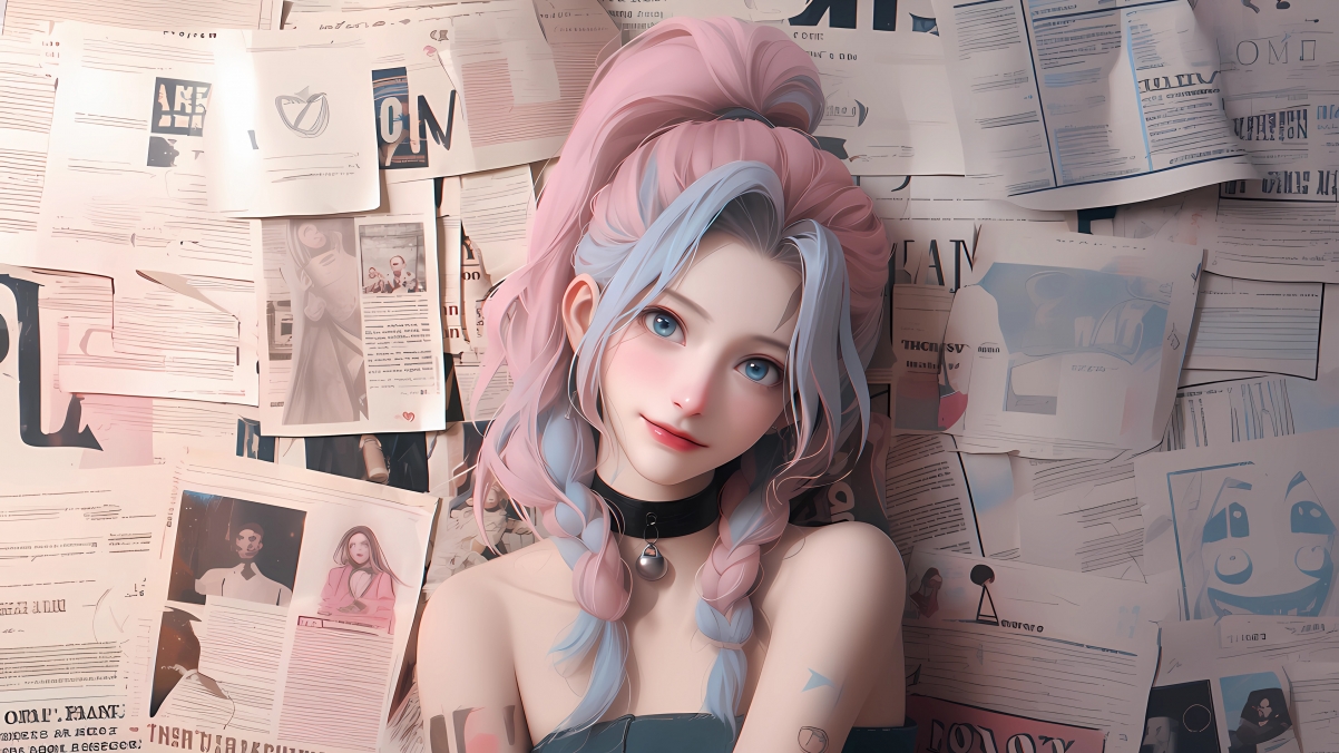 金克丝报纸墙少女，粉色辫子个性魅力，4K超清壁纸3840x2160免费下载