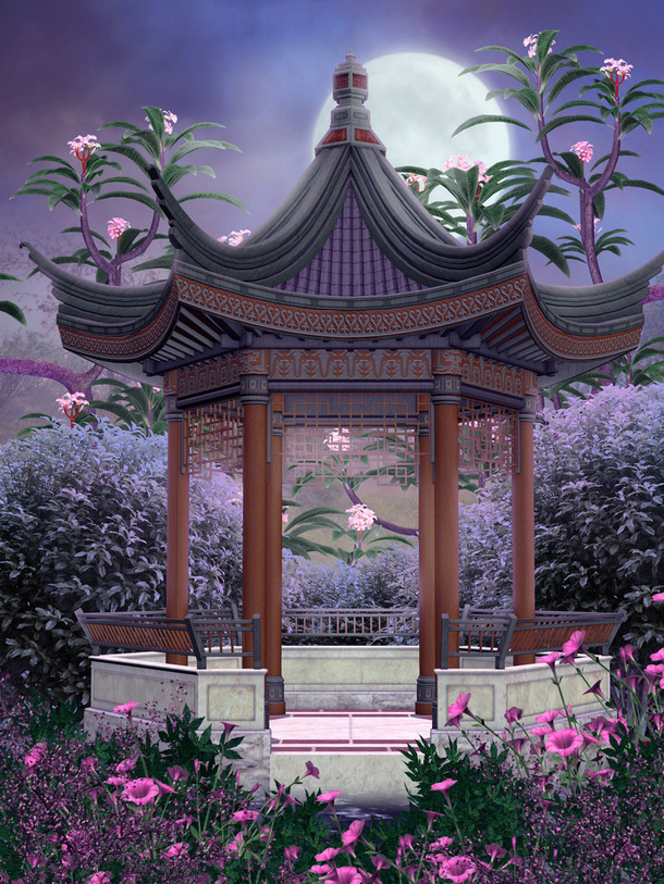 唯美夜晚凉亭月色，高清PNG透明背景，卡通手绘设计素材下载